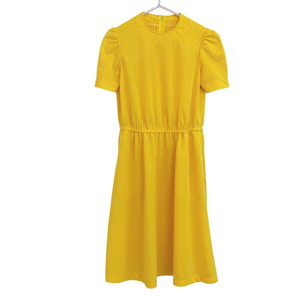 Vintage 1970s Sunny Yellow Swiss Dot Midi Dress with Pockets Puff Sleeve Retro S
